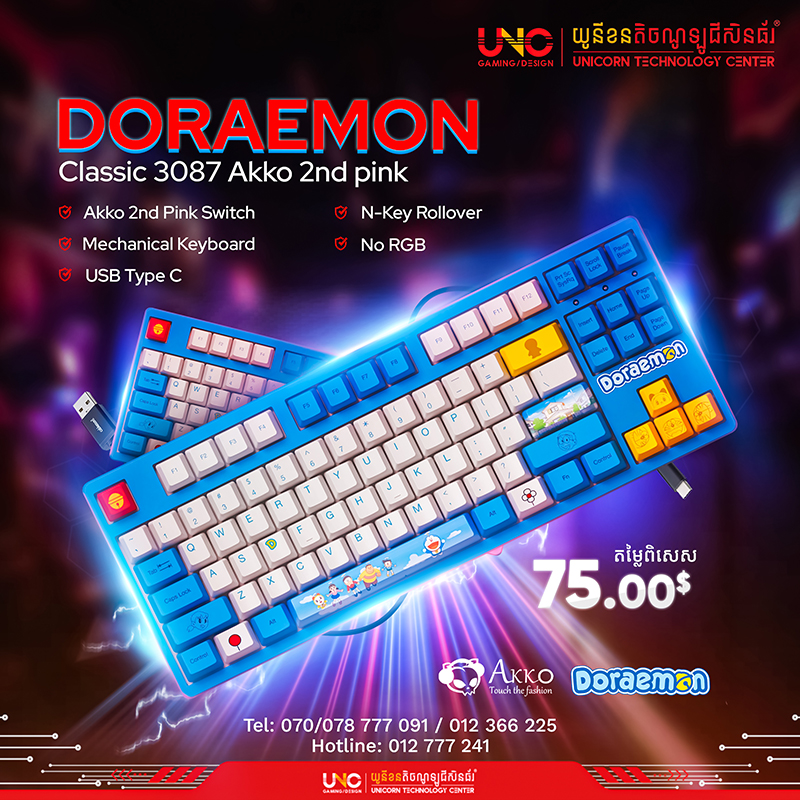 Doraemon Classic 3087 Akko 2nd pink ( USB Type C / No RGB / Akko 2nd Pink Switch / N-Key Rollover / Mechanical Keyboard )
