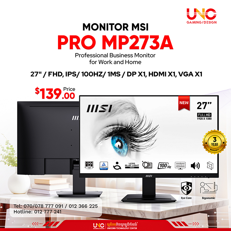 PRO MP273A 27" / FHD, IPS/ 100Hz/ 1ms / DP x1, HDMI x1, VGA x1 / 3years
