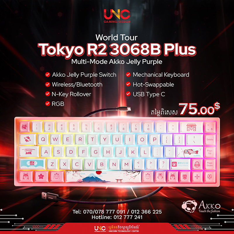 World Tour Tokyo R2 3068B Plus Multi-Mode Akko Jelly Purple ( Wireless/Bluetooth/USB Type C / RGB / Akko Jelly Purple Switch / Hot-swappable / N-Key Rollover / Mechanical Keyboard )
