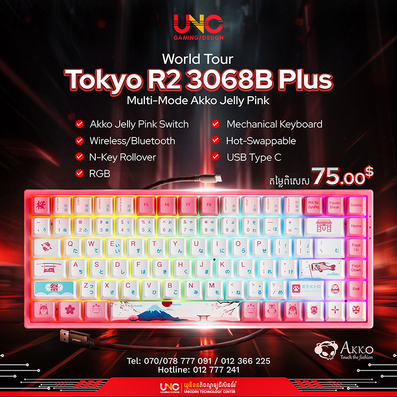 World Tour Tokyo R2 3068B Plus Multi-Mode Akko Jelly Pink ( Wireless/Bluetooth/USB Type C / RGB / Akko Jelly Pink Switch / Hot-swappable / N-Key Rollover / Mechanical Keyboard )