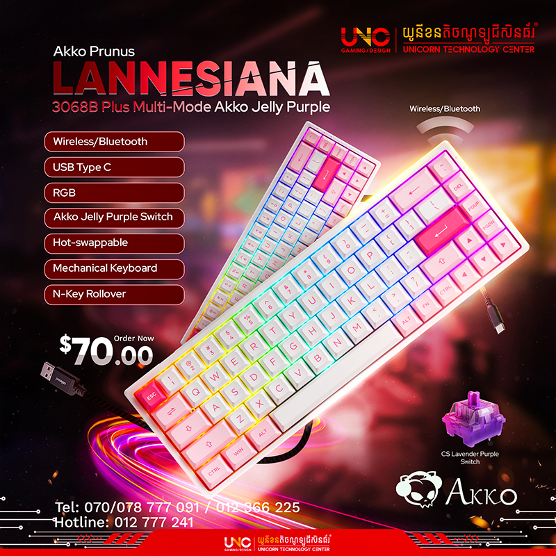 Blue on White 3068B Plus Multi-Mode Akko Jelly Pink ( Wireless/Bluetooth/USB Type C / RGB / Akko Jelly Pink Switch / Hot-swappable / N-Key Rollover / Mechanical Keyboard )