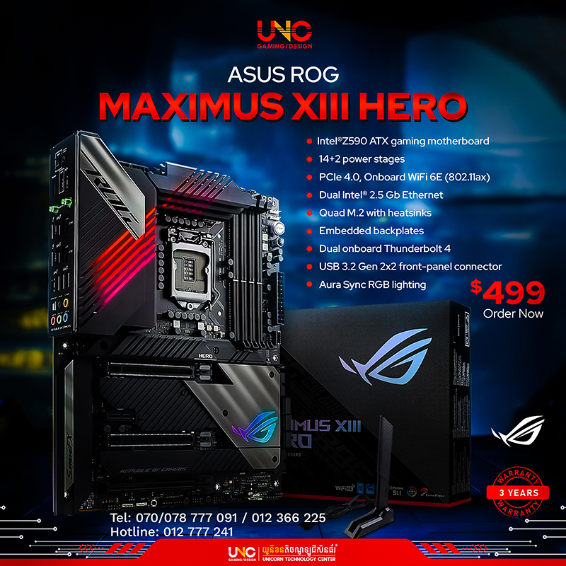 ASUS MB ROG MAXIMUS XIII HERO ( 4x DDR4, MAX 128GB, Up to 5333(OC) MHz / M.2 Slots x3 / HDMI x1 / Display Port x1  /3 Years )