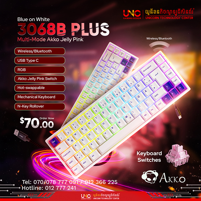 Prunus Lannesiana 3068B Plus Multi-Mode Akko Jelly Purple ( Wireless/Bluetooth/USB Type C / RGB / Akko Jelly Purple Switch / Hot-swappable / N-Key Rollover / Mechanical Keyboard )